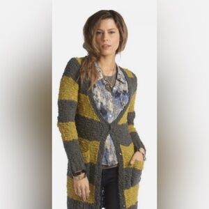 Free People Women’s Wool Blend Chartreuse Gray Stripe Long Cardigan Medium